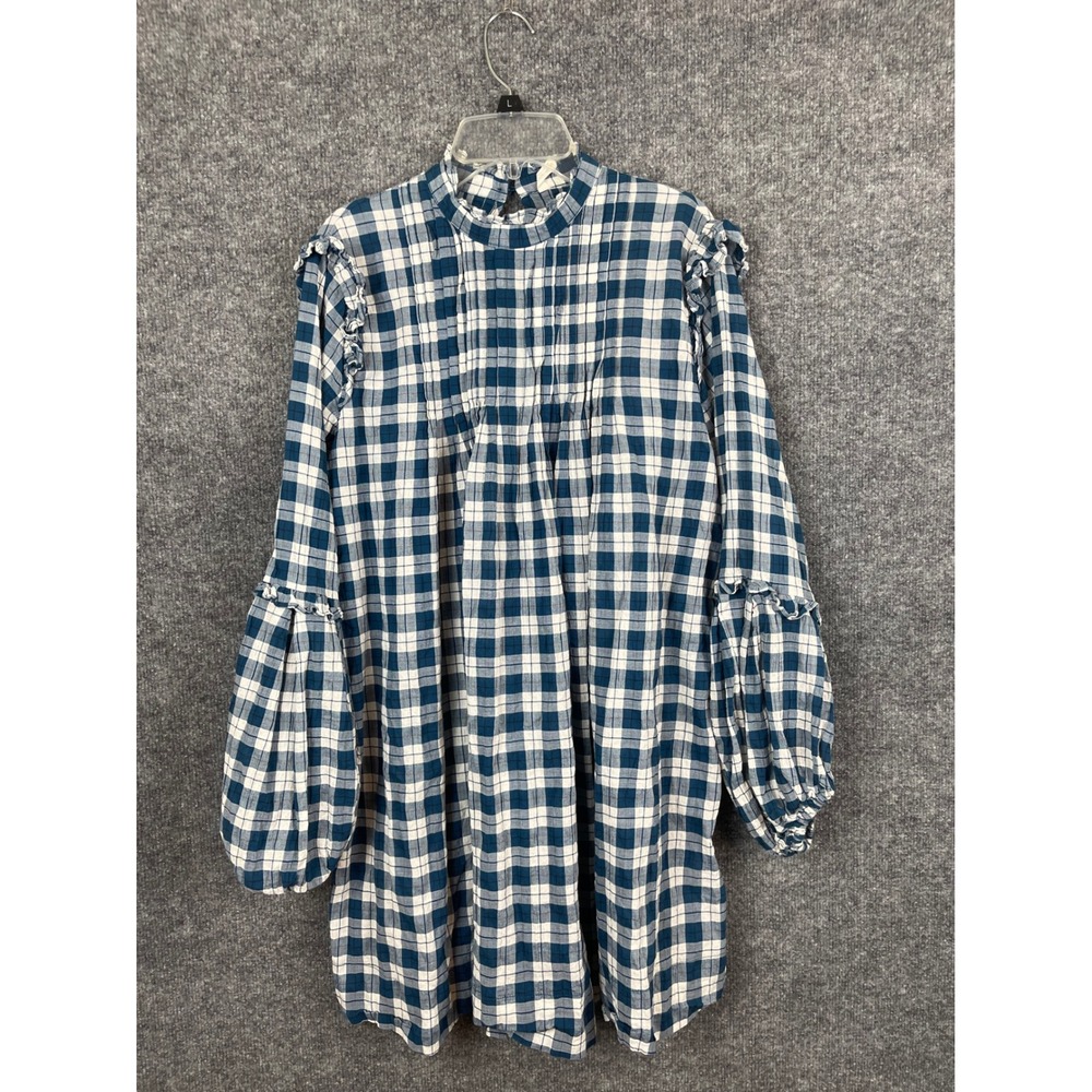Urban Outfitters Plaid Tunic Women Size L Blue White Excellent Ruffle Sleeve